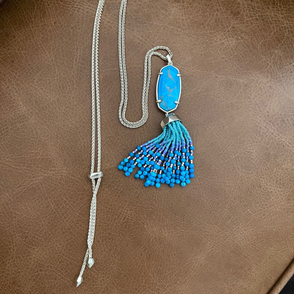 Kendra Scott Eva Aqua Blue Turquoise Beaded Tassel Pendant Long Necklace